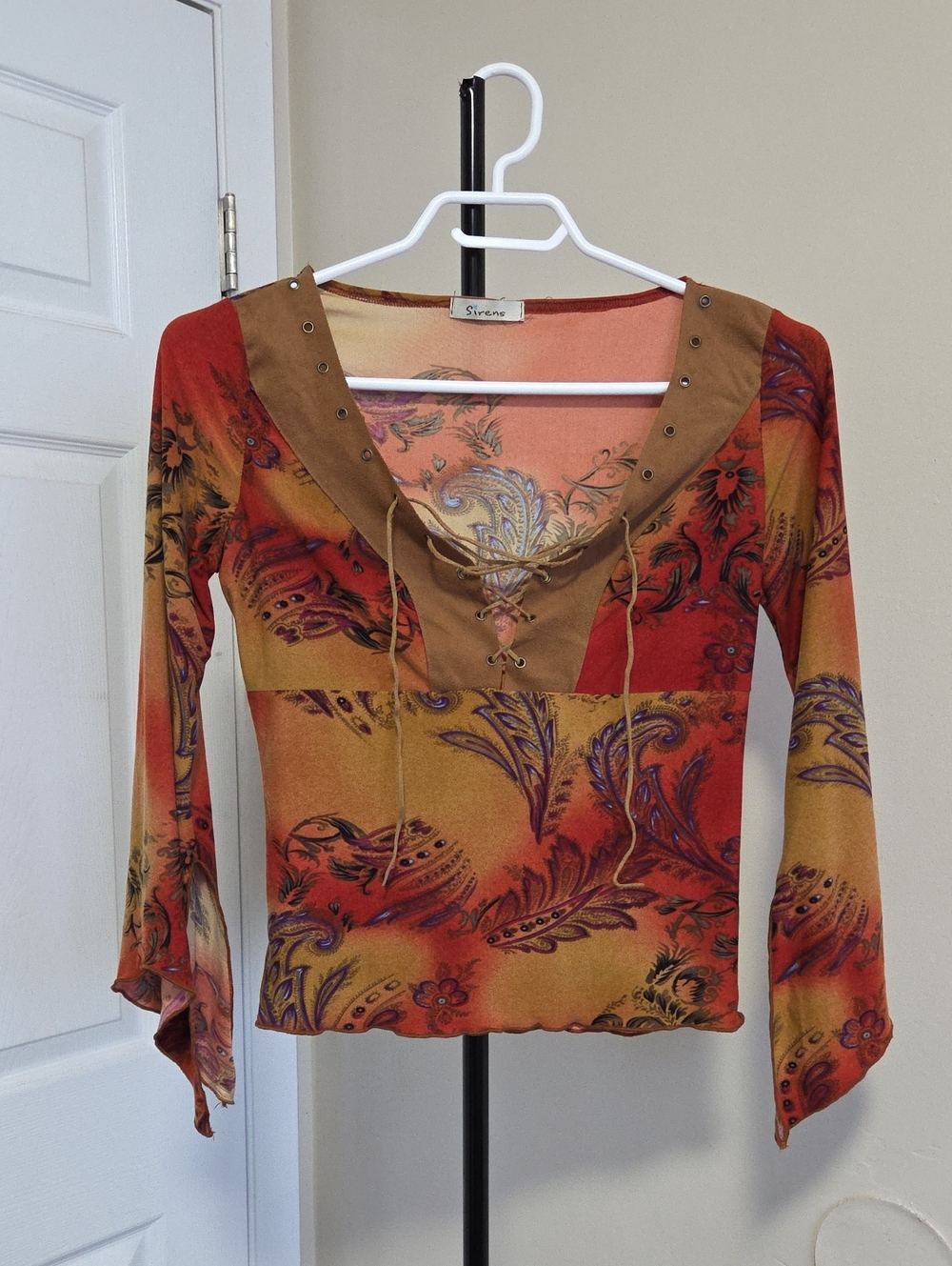 Sirens Lace-Up V-Neck Women's Blouse in Burnt Orange